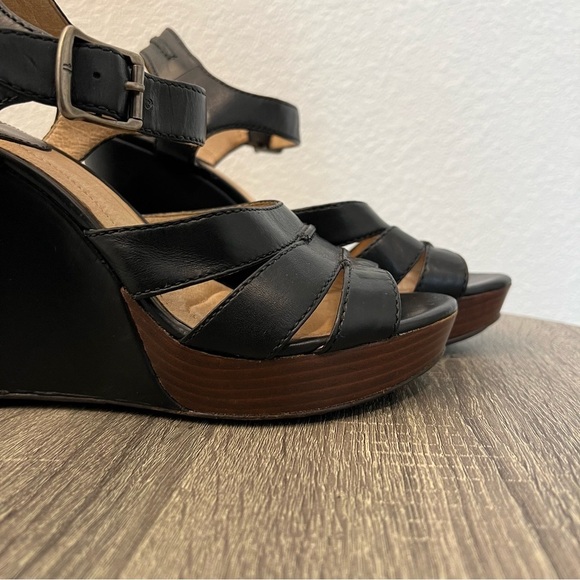 Frye Alexa Seam 2 Piece Black Brown Leather Platform Wedge Sandal Heels- Size 9 - Picture 10 of 16
